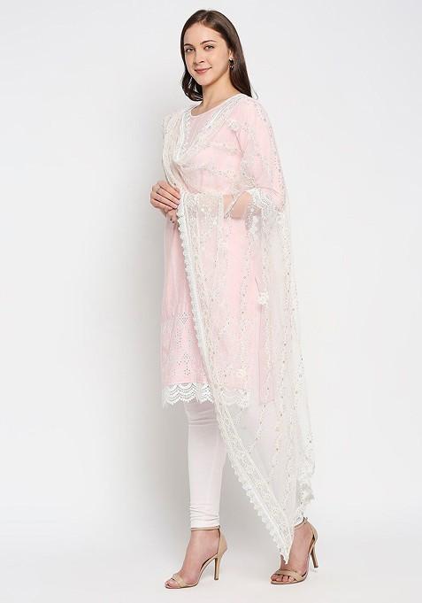 Off White Floral Embroidered Dupatta