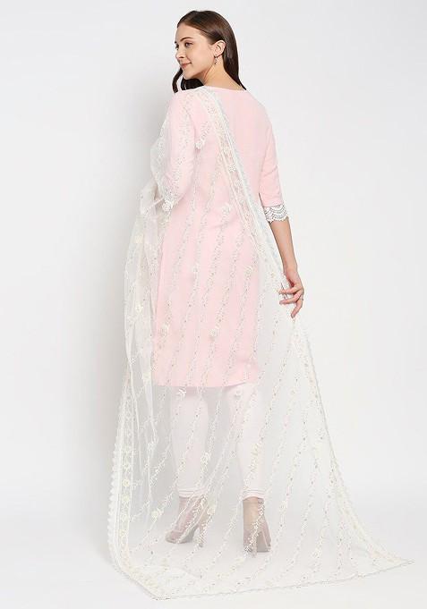 Off White Floral Embroidered Dupatta