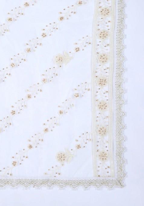 Off White Floral Embroidered Dupatta