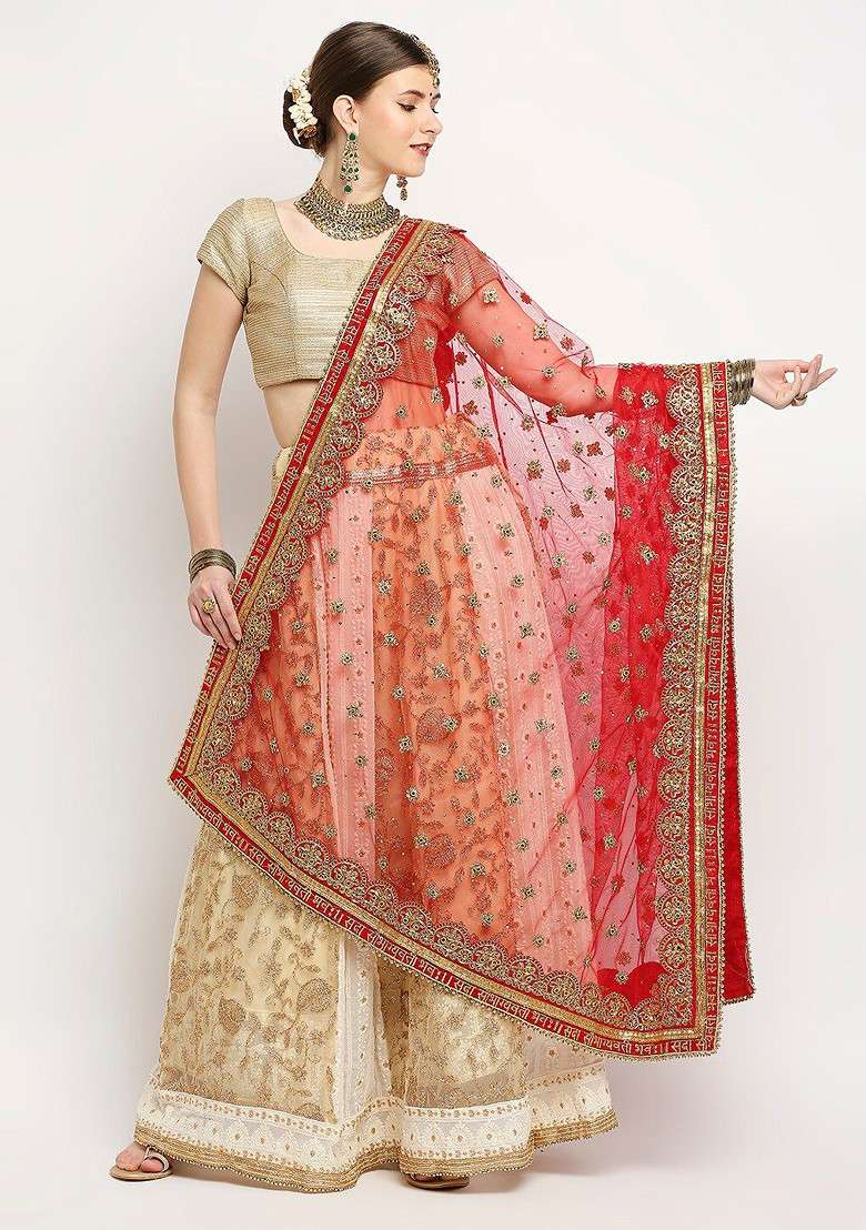 Red Ethnic Motifs Embroidered Dupatta With Zari - Indya
