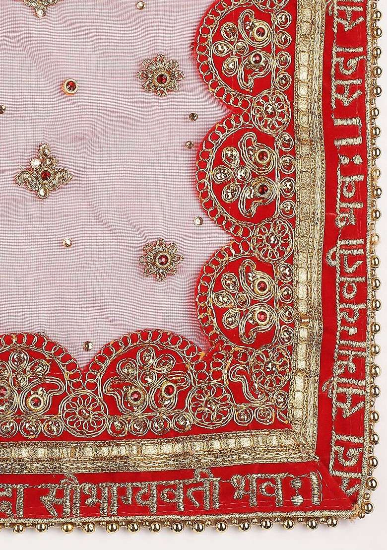 Red Ethnic Motifs Embroidered Dupatta With Zari - Indya