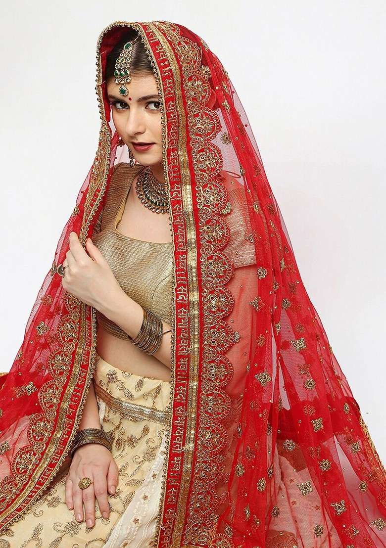 Red Ethnic Motifs Embroidered Dupatta With Zari - Indya