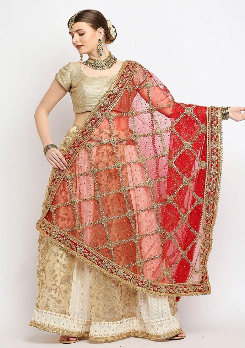 Red Ethnic Motifs Embroidered Dupatta With Zardozi