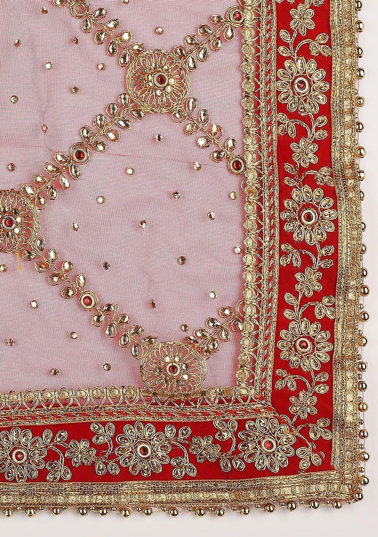 Red Ethnic Motifs Embroidered Dupatta With Zardozi