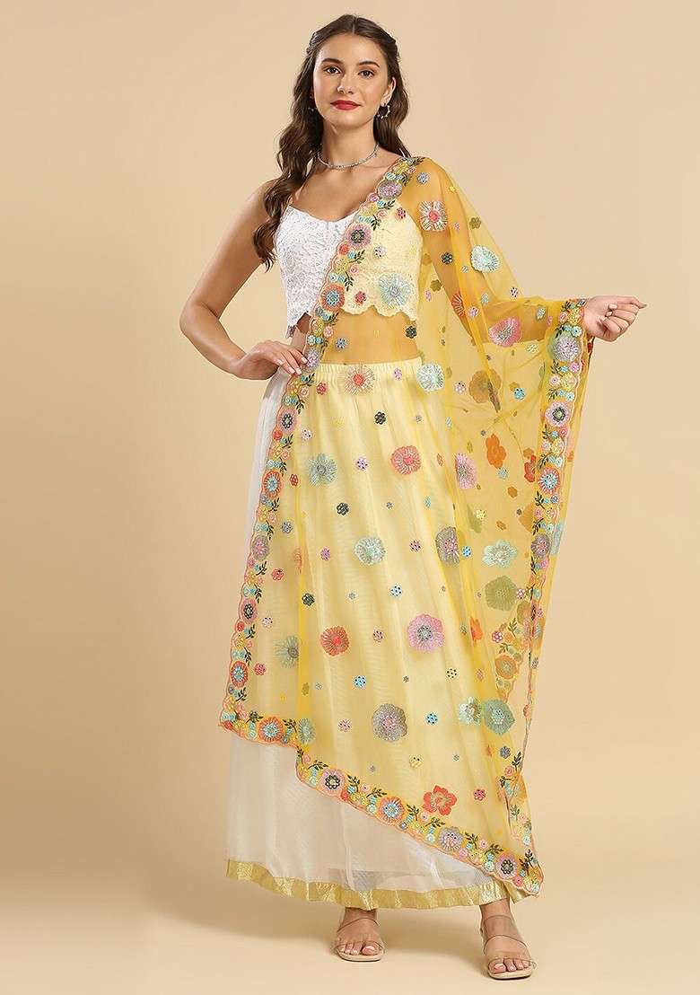 Floral Embroidered Sequinned Dupatta - Indya
