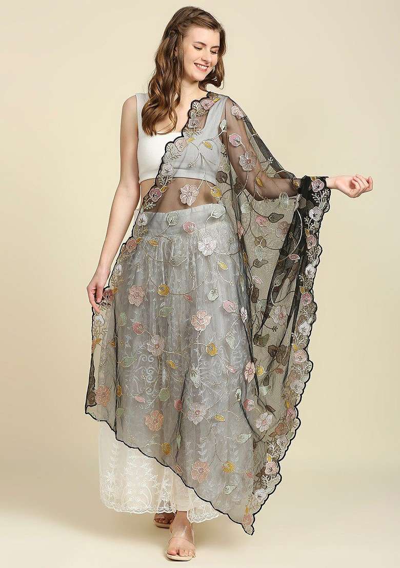 Black And Yellow Embroidered Dupatta With Sequinned - Indya