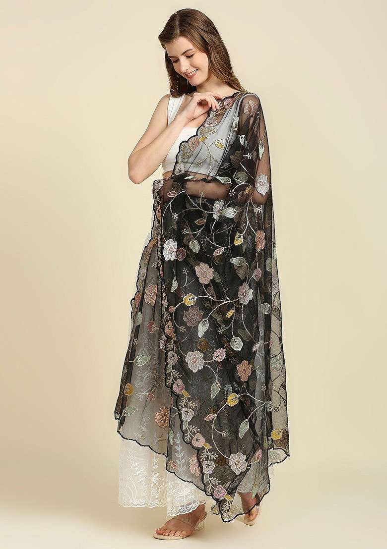 Black And Yellow Embroidered Dupatta With Sequinned - Indya