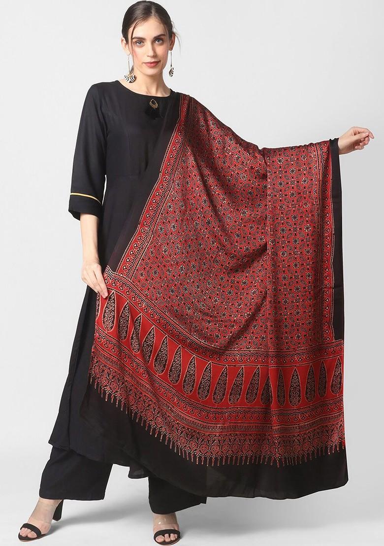 Maroon And Black Ethnic Motifs Block Printed Dupatta