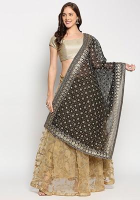 Black And Gold Toned Ethnic Motifs Embroidered Dupatta With Zardozi