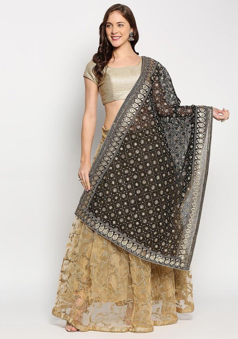 Black And Gold Toned Ethnic Motifs Embroidered Dupatta With Zardozi