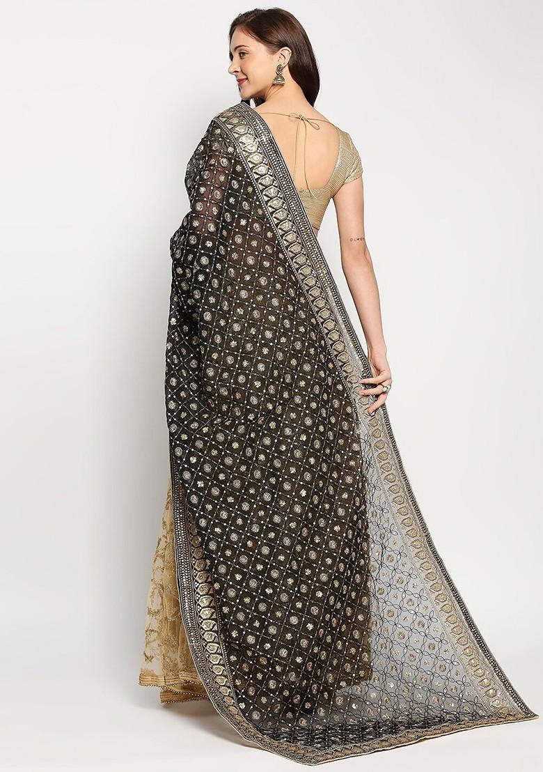 Black And Gold Toned Ethnic Motifs Embroidered Dupatta With Zardozi