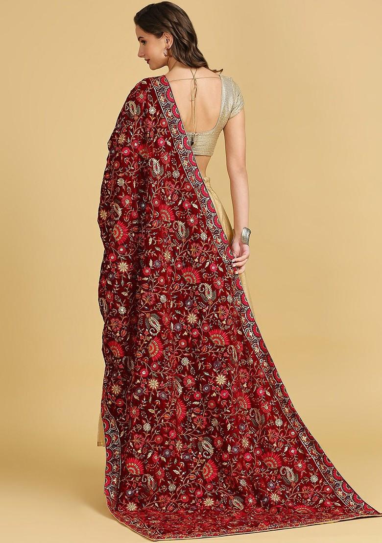 Floral Embroidered Zardozi Velvet Dupatta