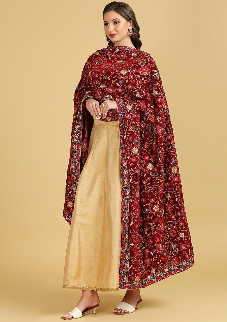 Floral Embroidered Zardozi Velvet Dupatta