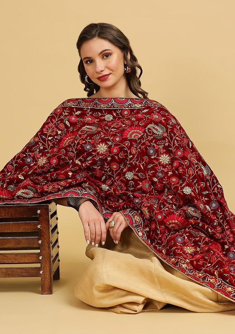 Floral Embroidered Zardozi Velvet Dupatta