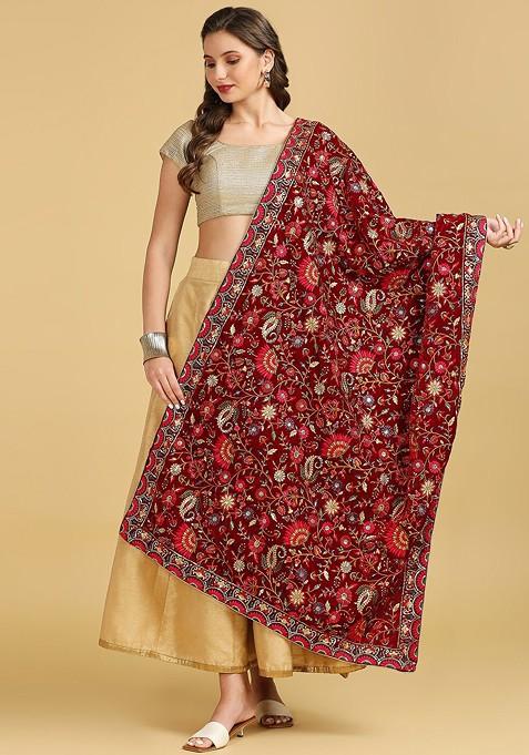 Floral Embroidered Zardozi Velvet Dupatta