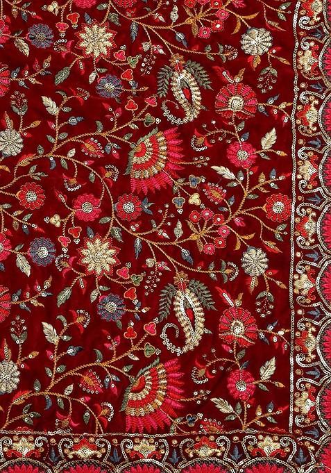 Floral Embroidered Zardozi Velvet Dupatta