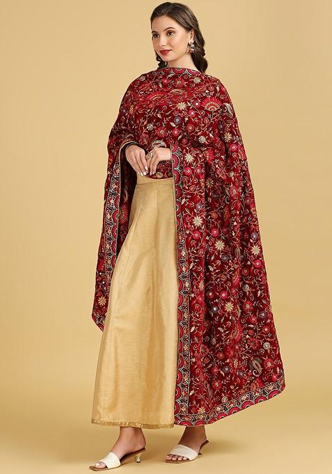 Floral Embroidered Zardozi Velvet Dupatta