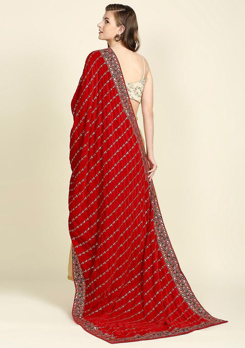 Red Floral Embroidered Velvet Dupatta With Sequinned