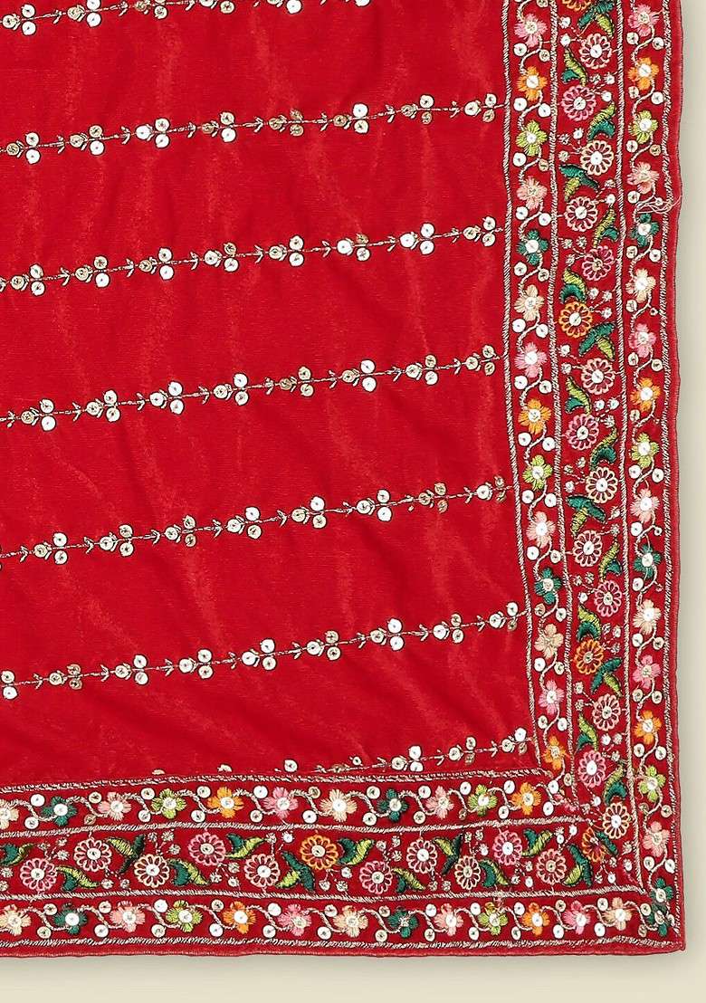 Red Floral Embroidered Velvet Dupatta With Sequinned - Indya