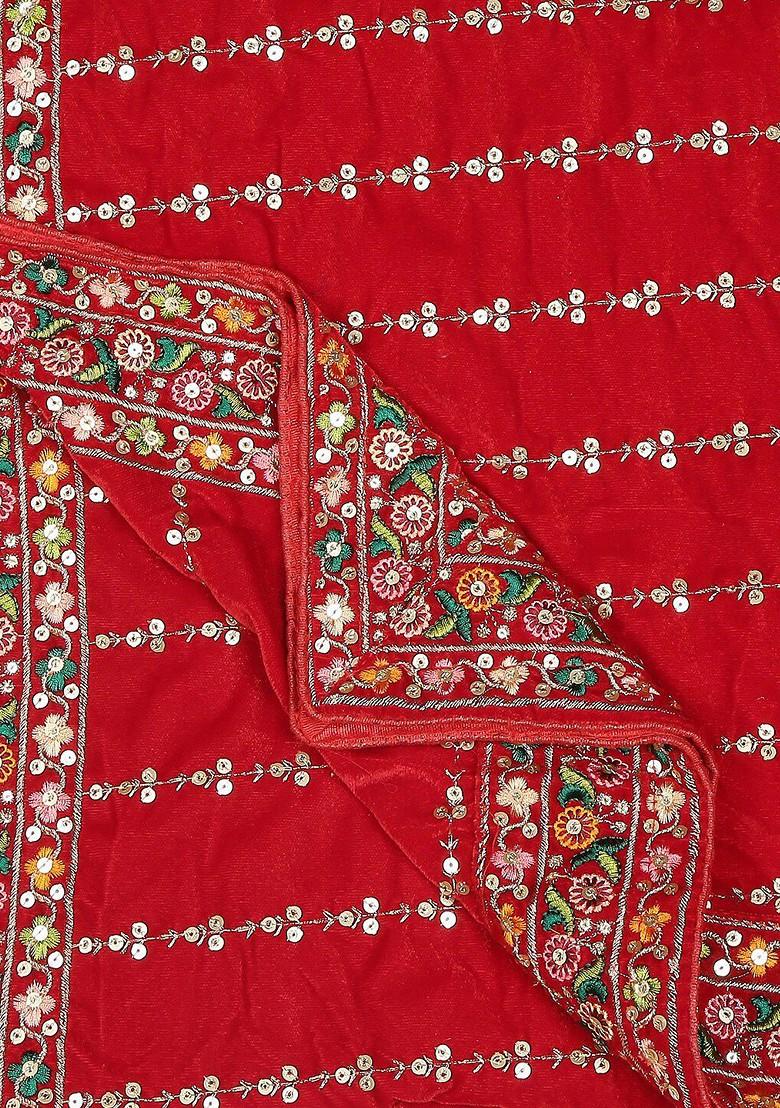 Red Floral Embroidered Velvet Dupatta With Sequinned
