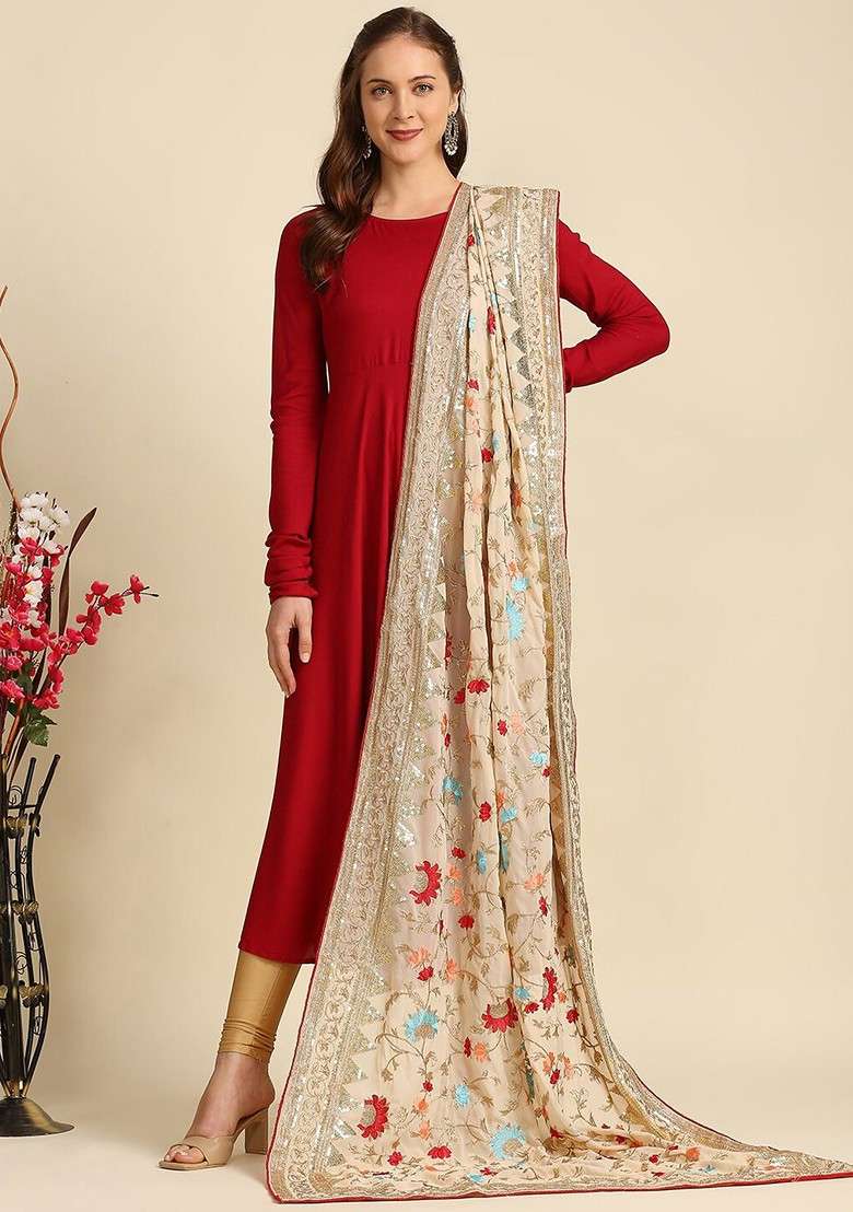 Embroidered Dupatta With Sequinned - Indya