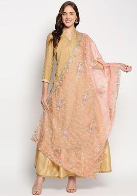 Pink And Yellow Floral Embroidered Organza Dupatta