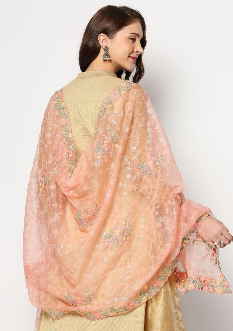 Pink And Yellow Floral Embroidered Organza Dupatta
