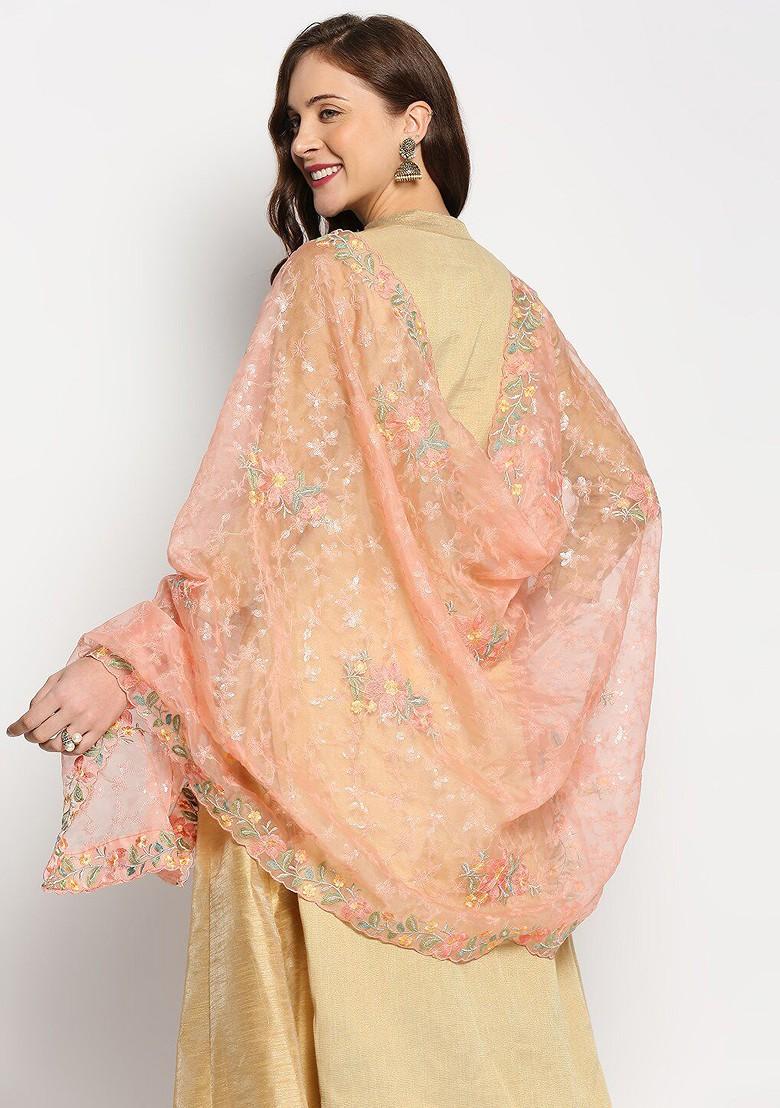 Pink And Yellow Floral Embroidered Organza Dupatta