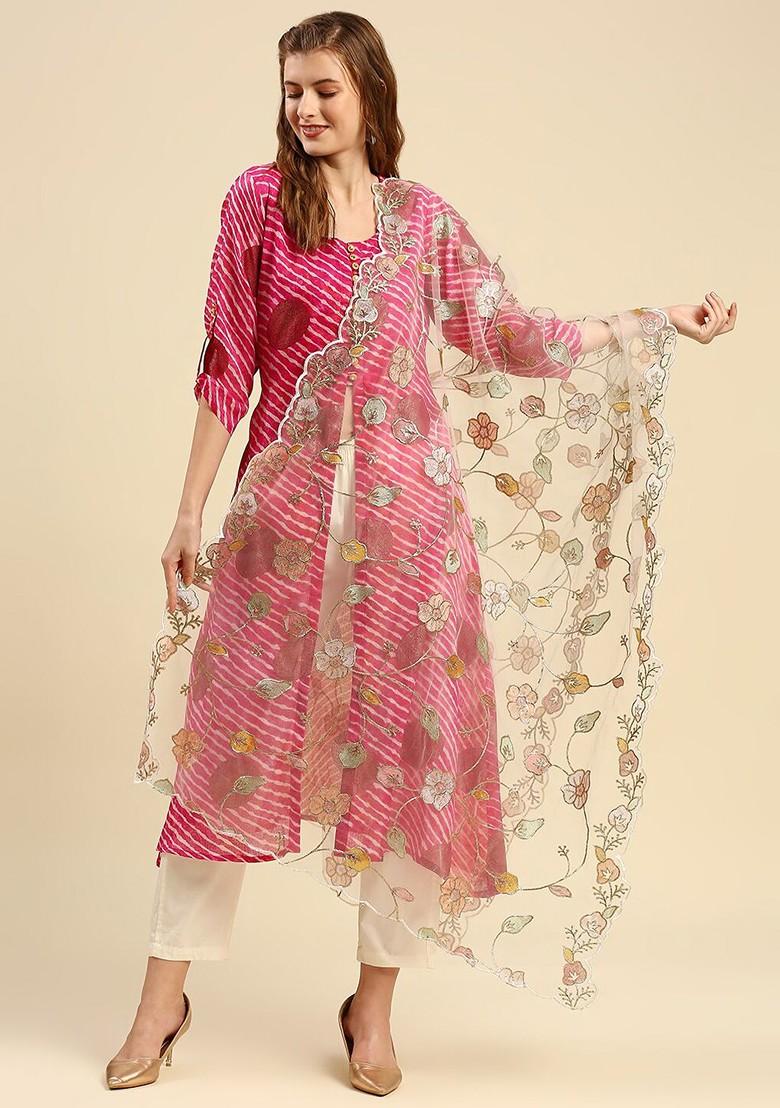 White And Green Embroidered Dupatta With Sequinned