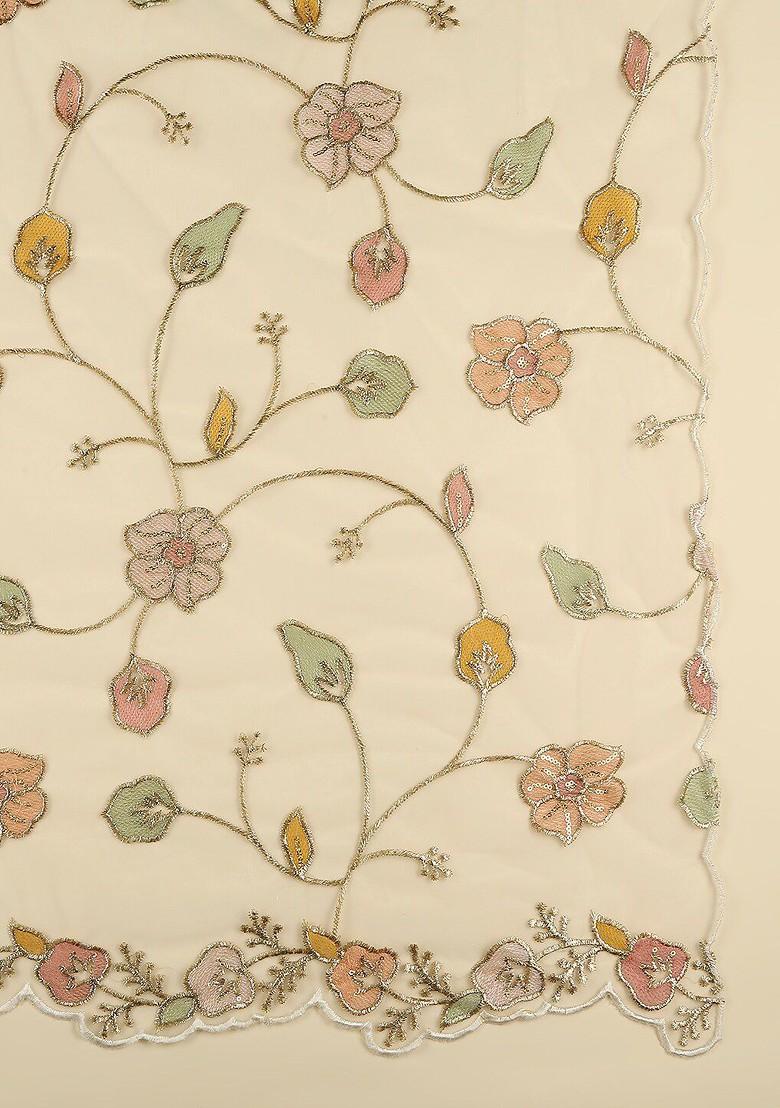 White And Green Embroidered Dupatta With Sequinned