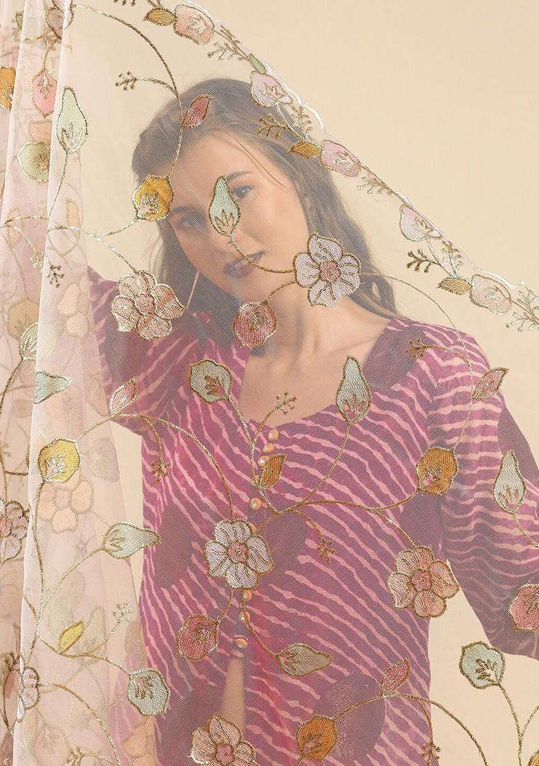 White And Green Embroidered Dupatta With Sequinned