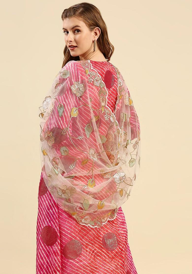 White And Green Embroidered Dupatta With Sequinned