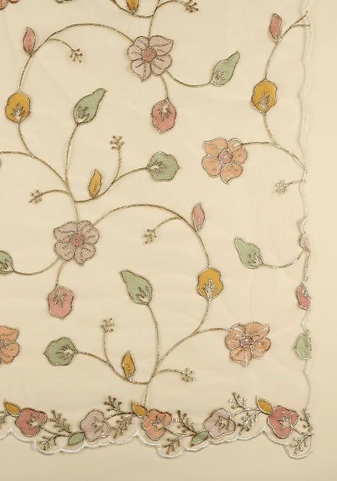 White And Green Embroidered Dupatta With Sequinned