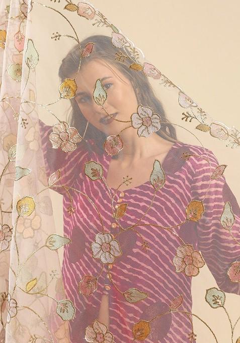 White And Green Embroidered Dupatta With Sequinned