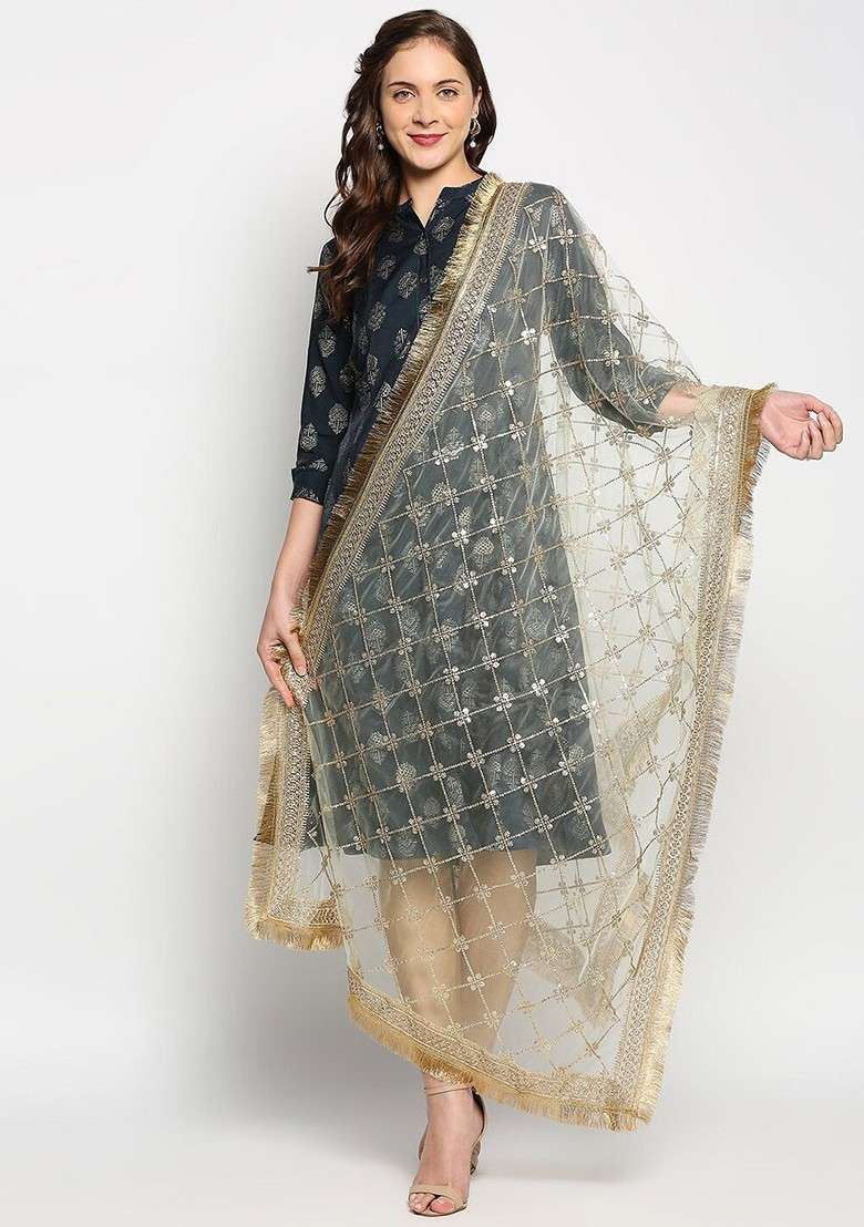 Green And Gold Toned Ethnic Motifs Embroidered Dupatta - Indya