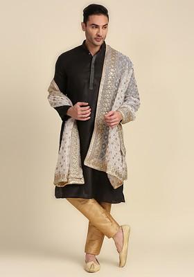 Men White And Gold Toned Ethnic Motifs Embroidered Dupatta