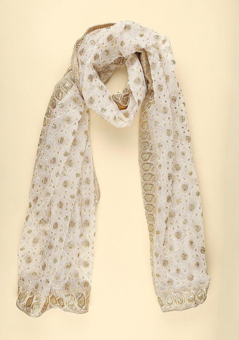 Men White And Gold Toned Ethnic Motifs Embroidered Dupatta