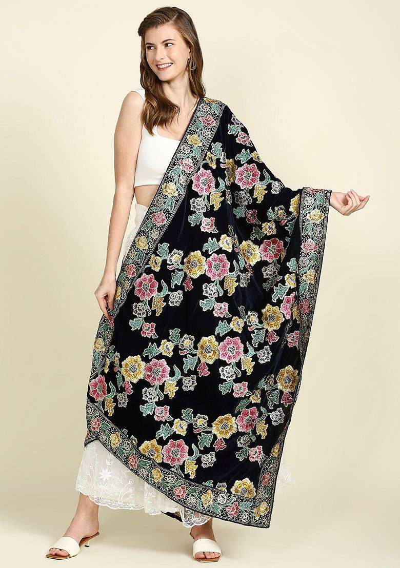Women Embroidered Velvet Dupatta With Zardozi - Indya