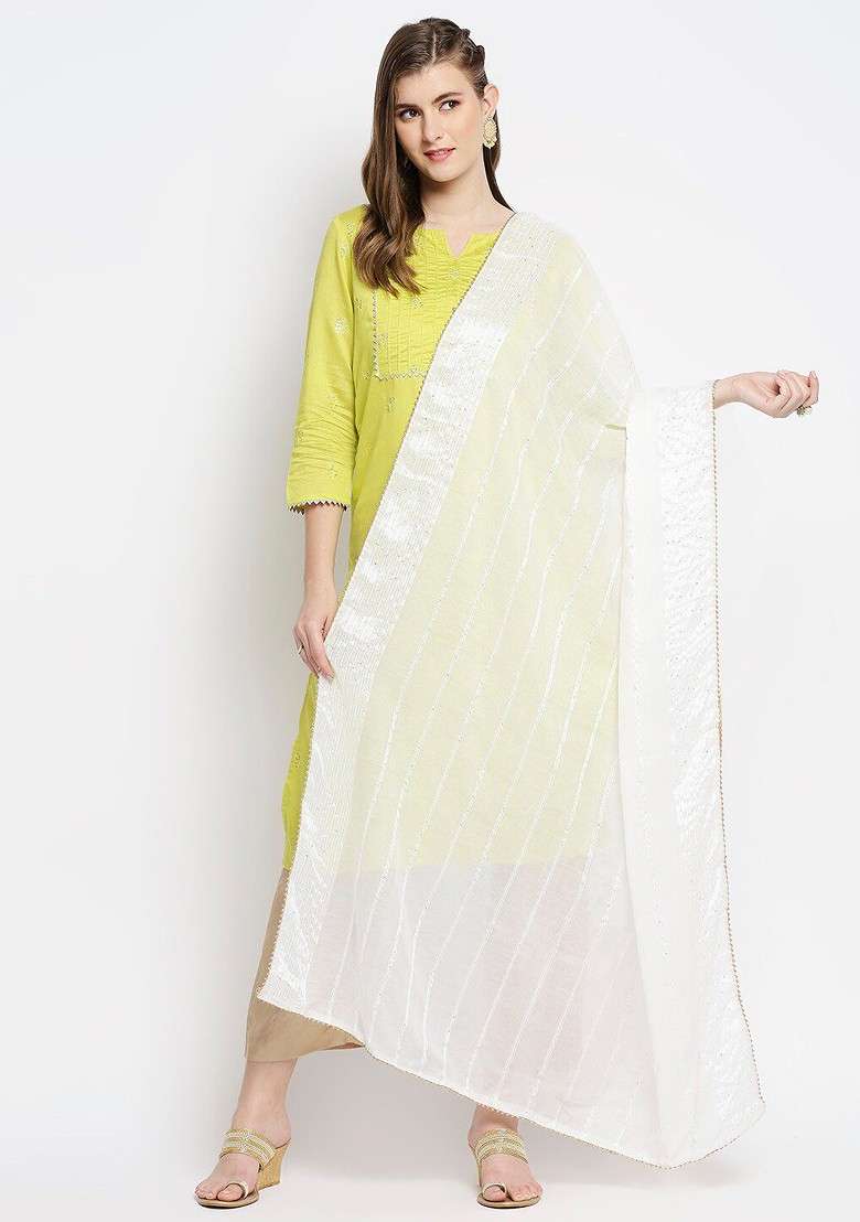 White Embroidered Dupatta With Sequinned - Indya