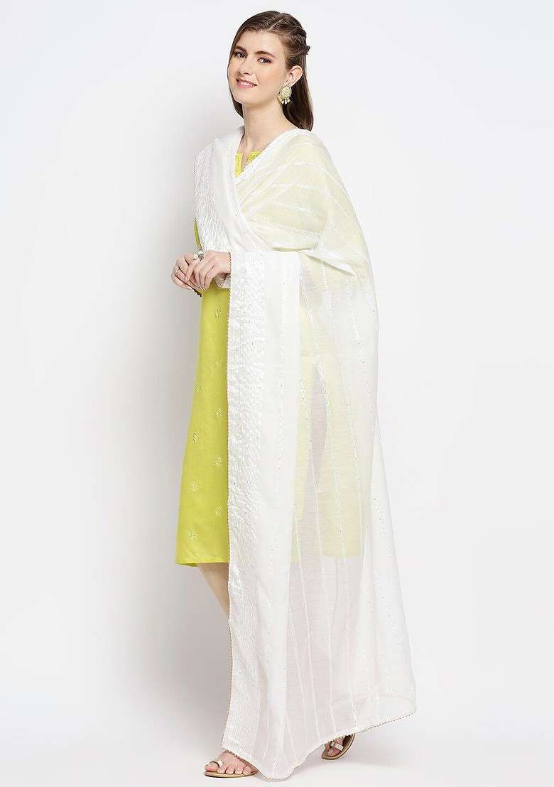 White Embroidered Dupatta With Sequinned - Indya
