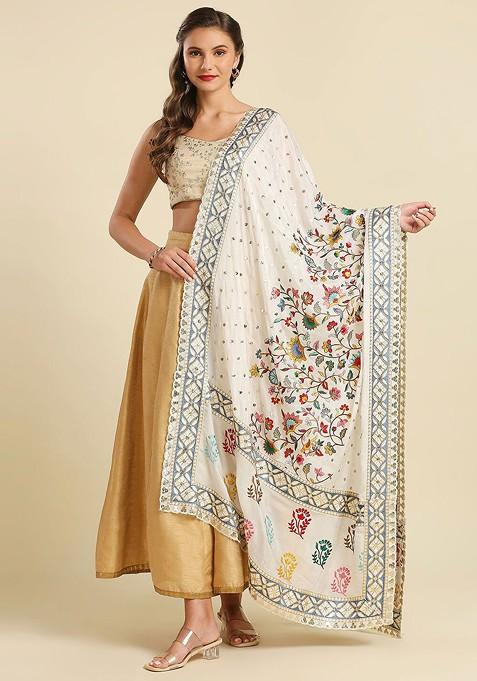Floral Embroidered Dupatta With Zardozi