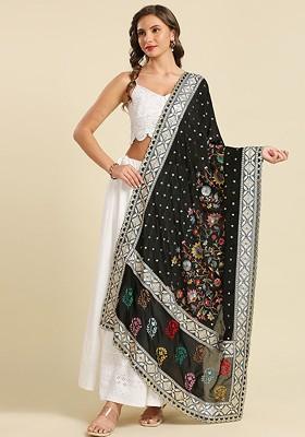Ethnic Motifs Embroidered Silk Dupatta With Zardozi