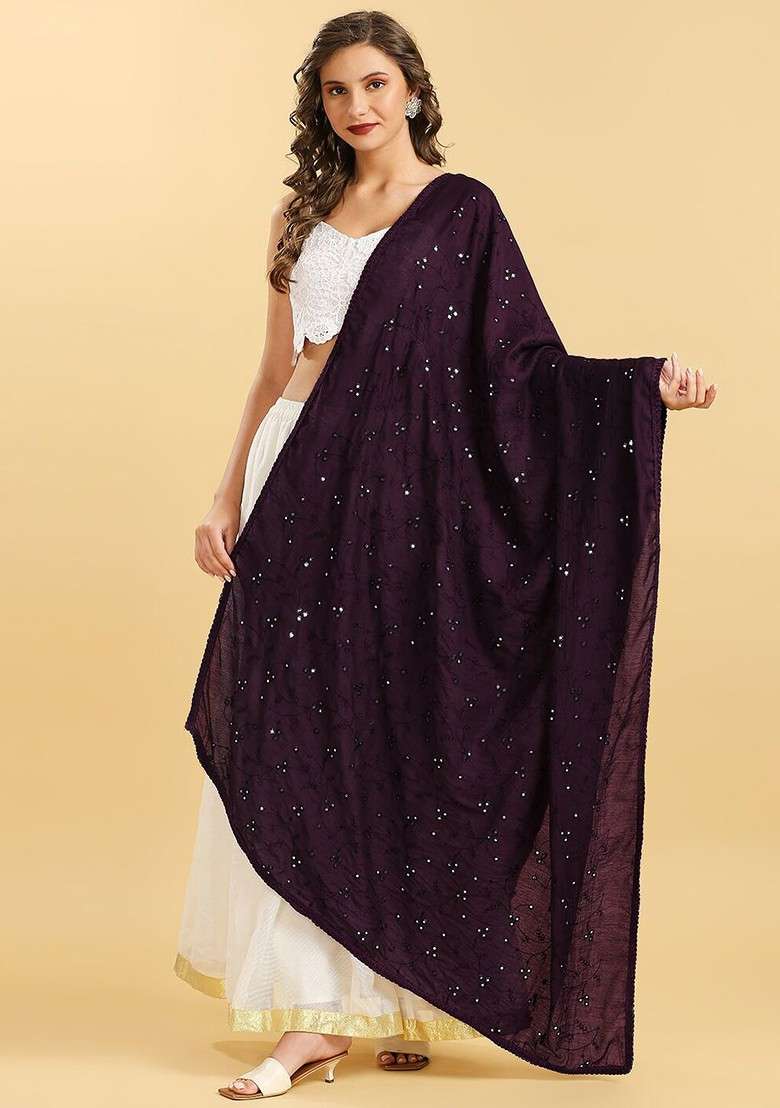 Embroidered Pure Cotton Dupatta With Mirror Work - Indya
