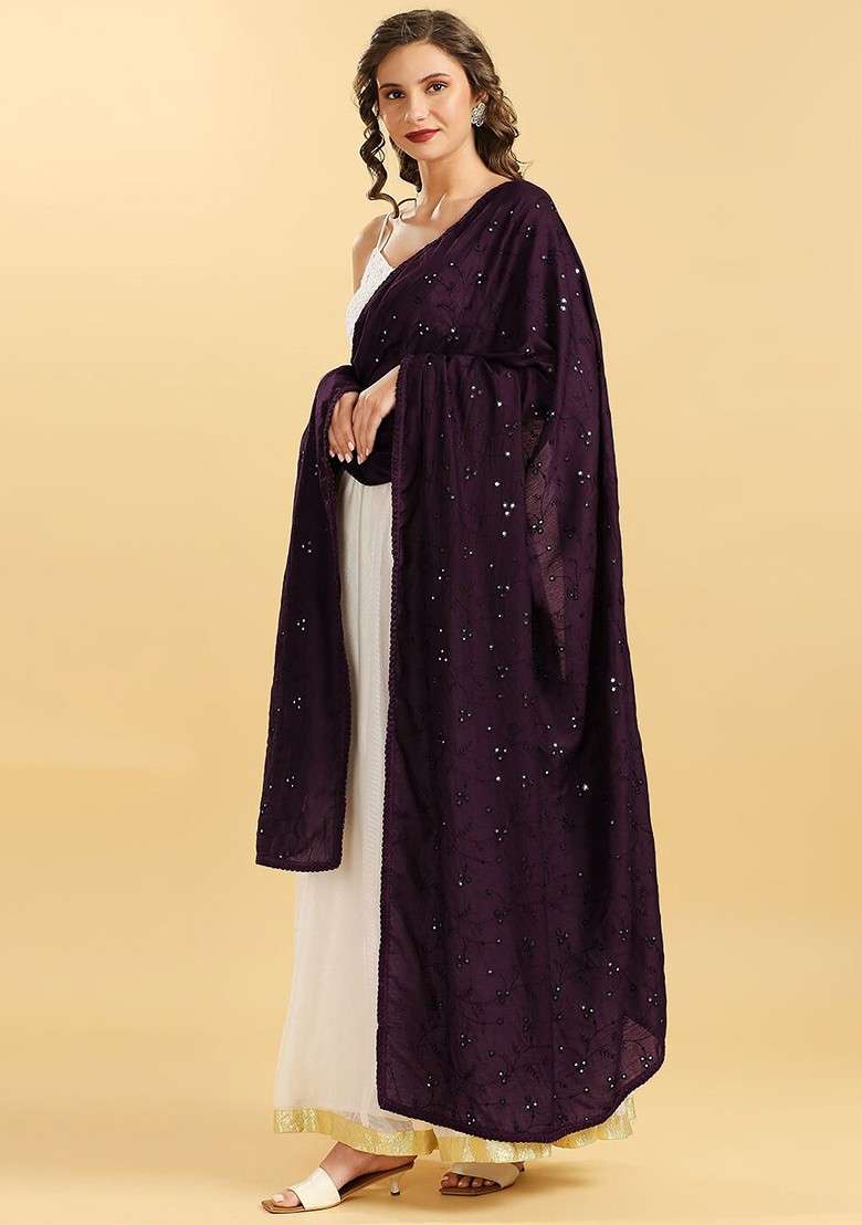 Embroidered Pure Cotton Dupatta With Mirror Work - Indya