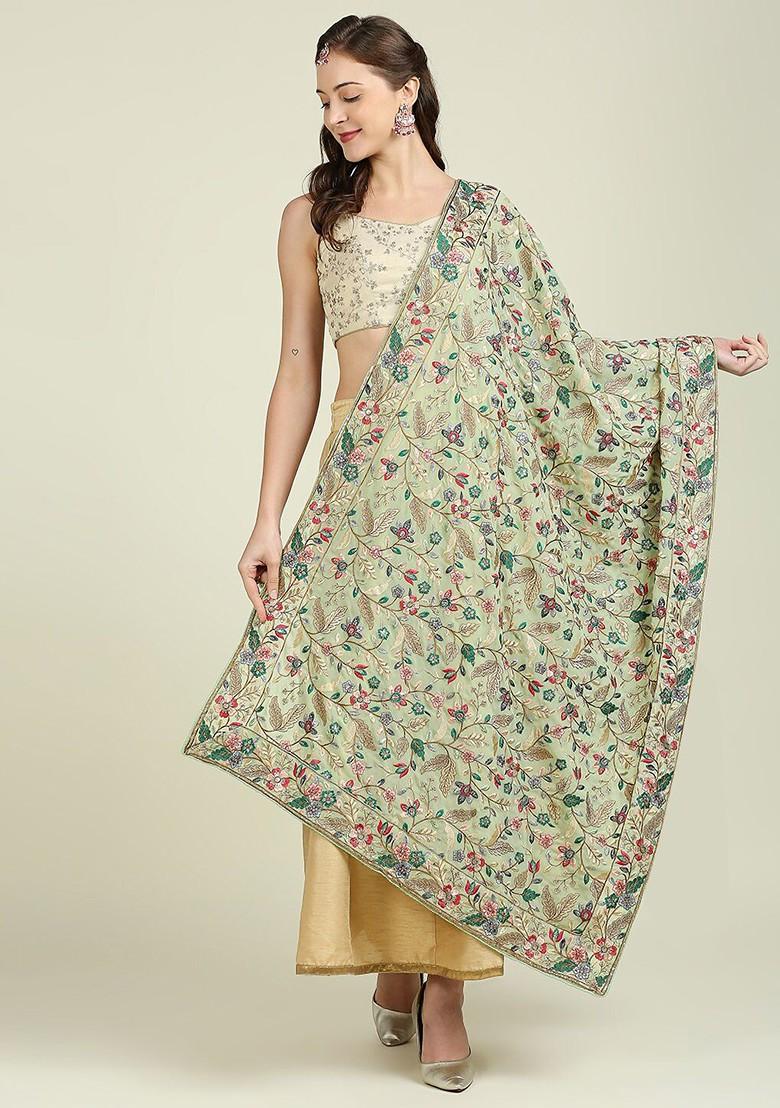 Green And Pink Embroidered Dupatta With Zardozi