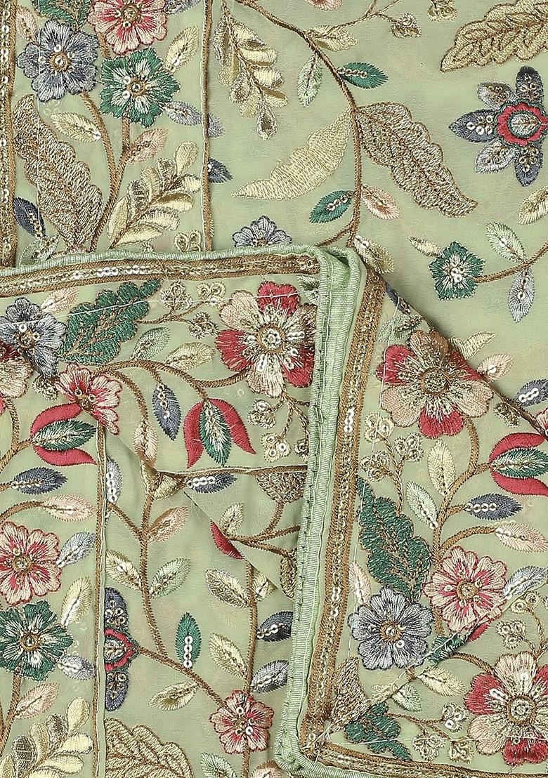 Green And Pink Embroidered Dupatta With Zardozi