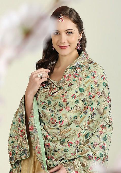 Green And Pink Embroidered Dupatta With Zardozi