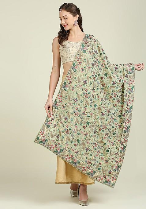 Green And Pink Embroidered Dupatta With Zardozi
