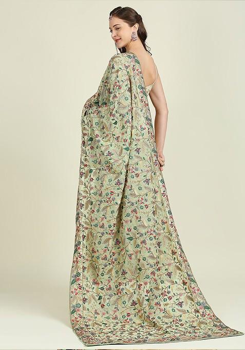 Green And Pink Embroidered Dupatta With Zardozi