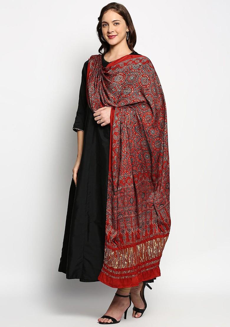 Maroon And Blue Ethnic Motifs Printed Pure Silk Block Print Dupatta